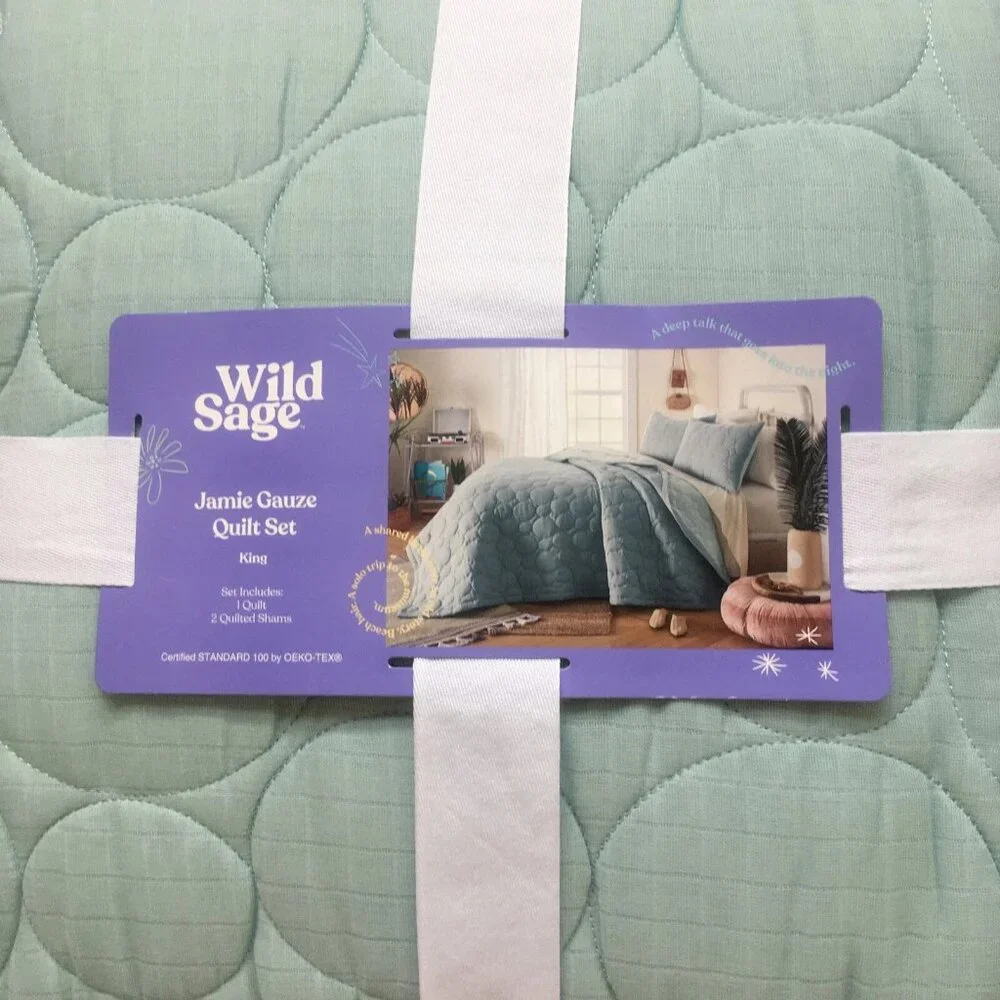 GREEN BUBBLE Wild Sage Jamie Gauze Daisy 100% Cotton 110x96 KING Quilt + 2 Shams